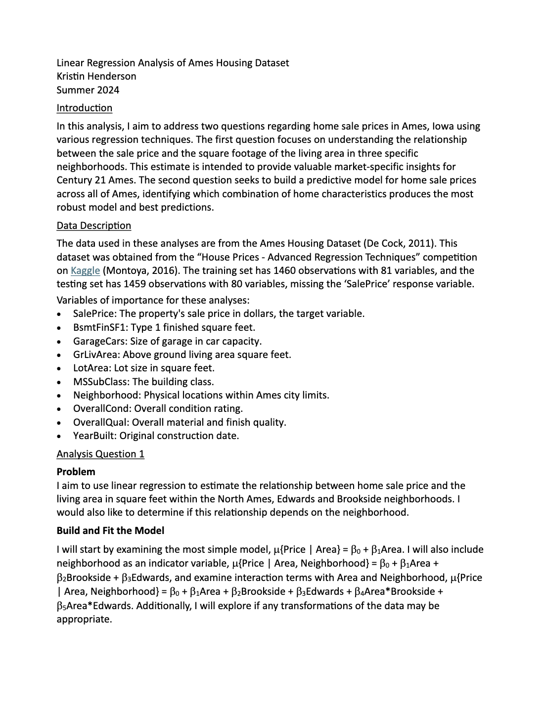 First page of the housing regression paper